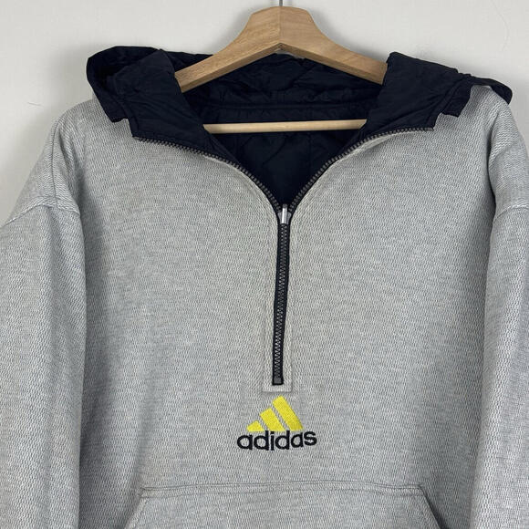 90s Adidas VTG Reversible Jacket Yellow Stripes Half Zip Pockets Insulated Sz L - Picture 7 of 10